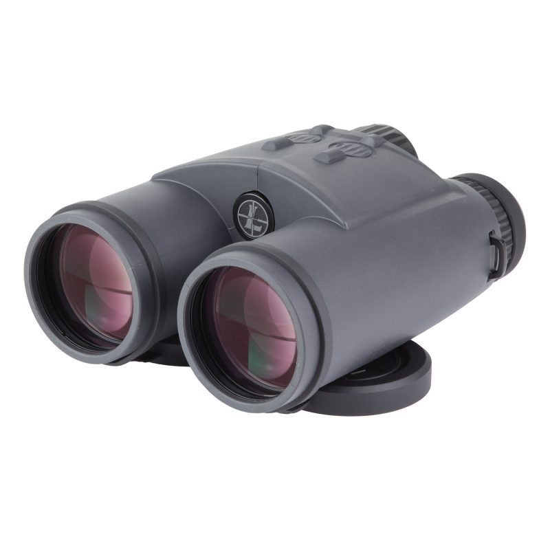 Leupold BX-4 Range HD Gen2 12x50 rangefinding binocular in shadow gray, shown with objective lenses facing forward, on a rugged outdoor background.