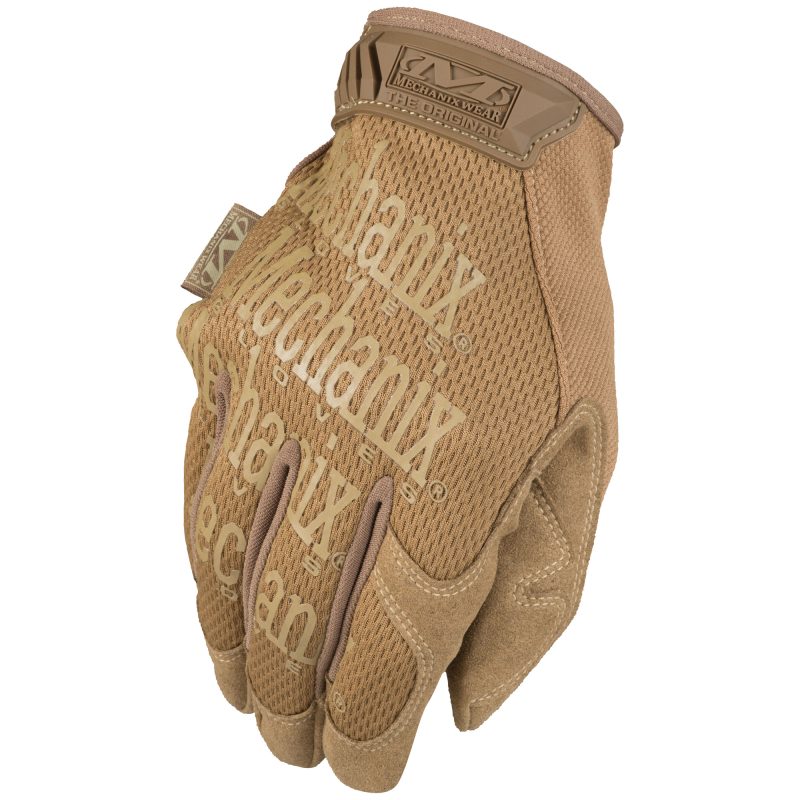 Pair of Mechanix Wear Fastfit Coyote XL tactical work gloves, coyote brown color, shown ready for use on a ranch.