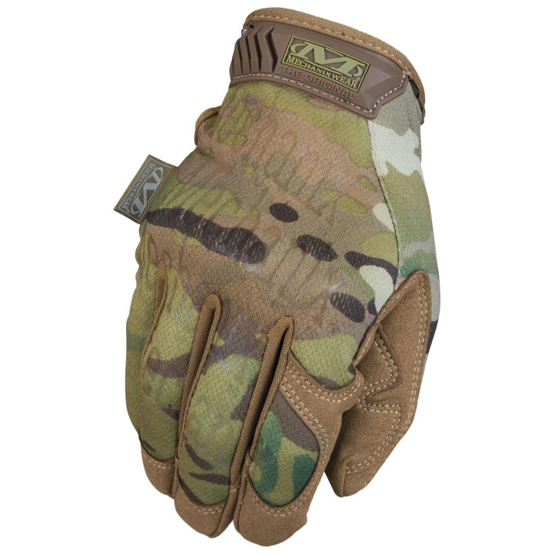 Pair of Mechanix Wear Multicam Fastfit XL tactical work gloves, showing the camouflage pattern and reinforced palm.