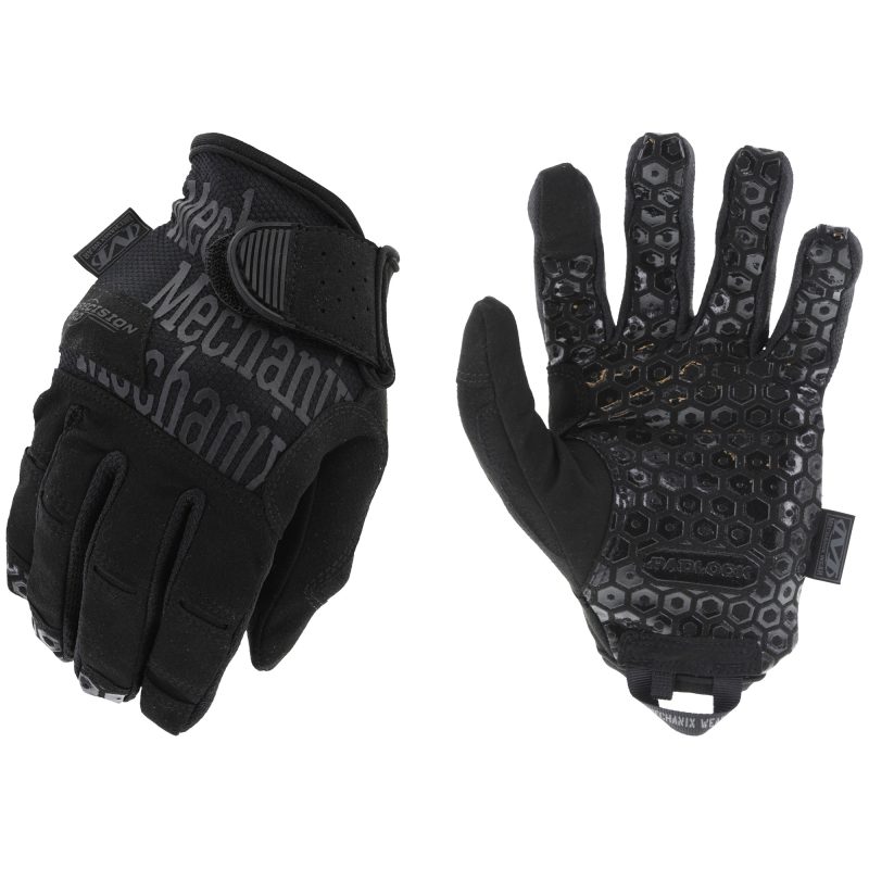 Pair of black Mechanix Wear Precision Pro gloves with a non-slip palm pattern, shown ready for ranch work.