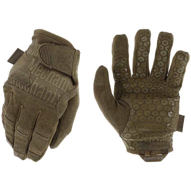Pair of coyote brown Mechanix Wear TAA Precision Pro gloves with black non-slip palm pattern and reinforced knuckles.