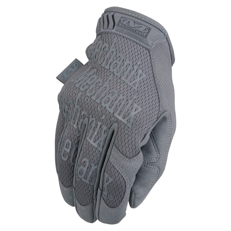 Mechanix Wear Original Gloves in wolf grey, size XL, displayed on a rugged surface, suitable for ranch work and outdoor tasks in the White Mountains.