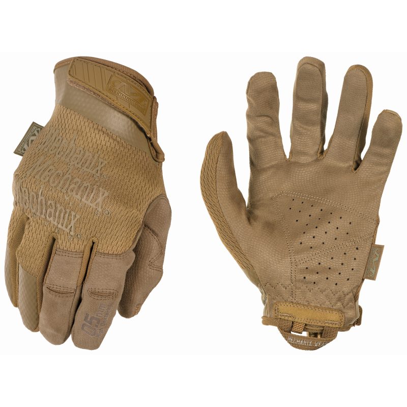 Pair of Mechanix Wear Specialty 0.5mm Coyote Small gloves, tan color, shown with palm and back of hand details, ideal for ranch work in the White Mountains.