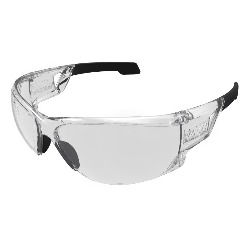 Pair of Mechanix Wear Vision Black/Clear safety glasses with a black frame and clear lens, shown against a neutral background.