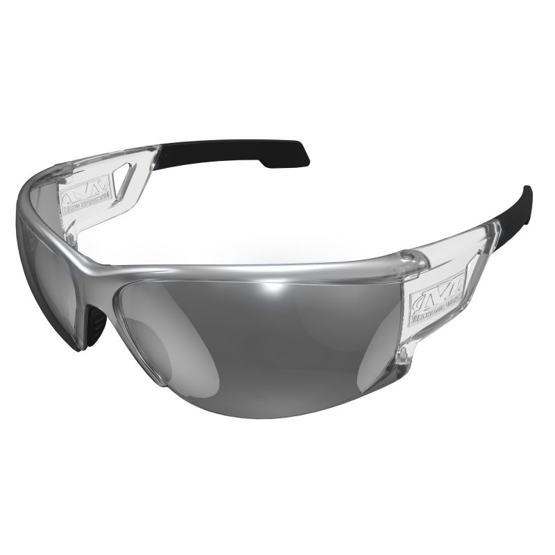 Pair of Mechanix Wear Vision Silver/Black safety glasses with a black frame and reflective silver lenses, shown against a neutral background.