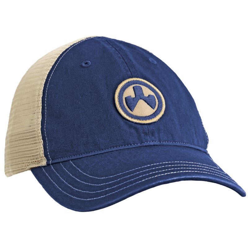 Magpul Industries Icon Patch Garment Washed Trucker Hat in stone, black, and red, featuring a low-profile design and mesh back.