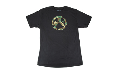 Magpul Industries Woodland Camo Icon T-Shirt in black, featuring the Magpul logo in M81 woodland camouflage pattern on the chest.