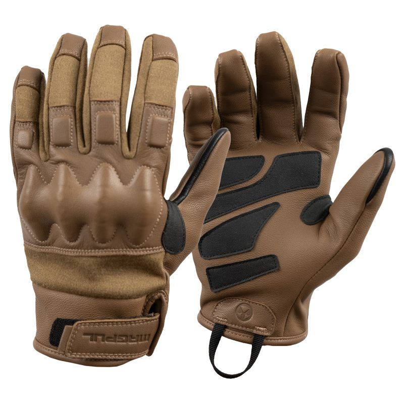 Magpul Industries Breach 2.0 tactical gloves in coyote color, size 2XL, featuring D30 knuckle protectors and goatskin leather, shown ready for outdoor work.