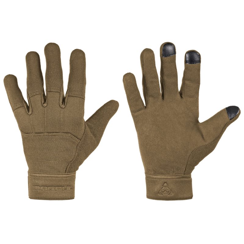 Magpul Industries Breach Glove 2.0 Coyote Large, showing the back of the hand with D30 knuckle protectors and goatskin leather, suitable for ranch work in the White Mountains.