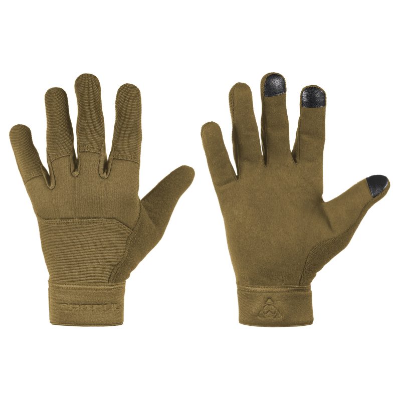 Pair of coyote brown Magpul Industries Breach Glove 2.0, made with Nomex and goatskin leather, featuring D3O knuckle protectors, displayed on a rugged surface.