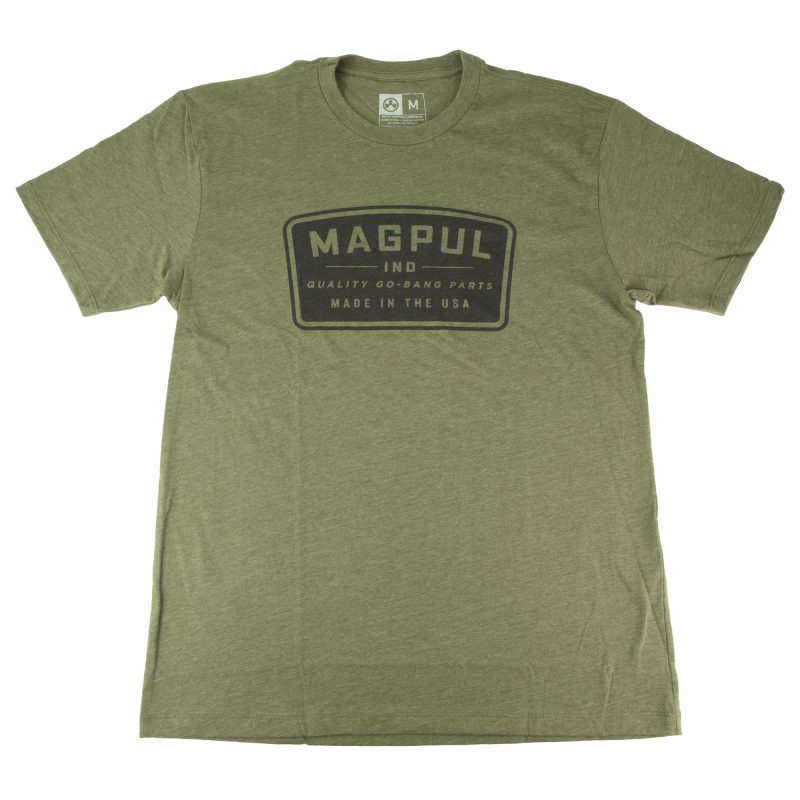 Magpul Industries Go Bang Parts Patch T-Shirt in olive drab green, featuring a white circular logo with 'GO BANG' text and firearm parts, displayed on a flat surface.