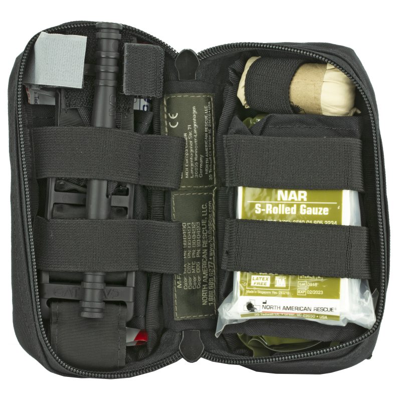Black North American Rescue M-FAK Mini First Aid Kit, a compact 500 Denier nylon pouch with MOLLE webbing, shown closed on a plain background.