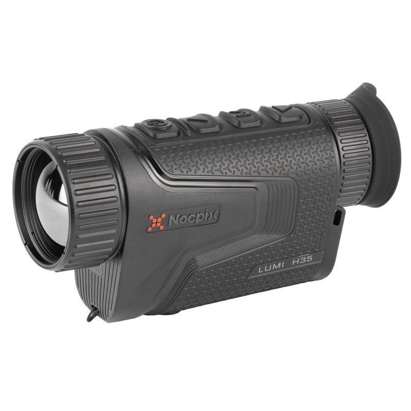 A black NOCPIX Compact Thermal Monocular 640 35mm, held in a hand, showing its compact size and rugged design.