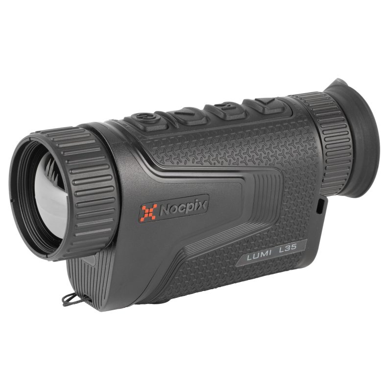 NOCPIX Compact Thermal Monocular 384 35mm, black, handheld, showing lens and display side, for outdoor and ranch use