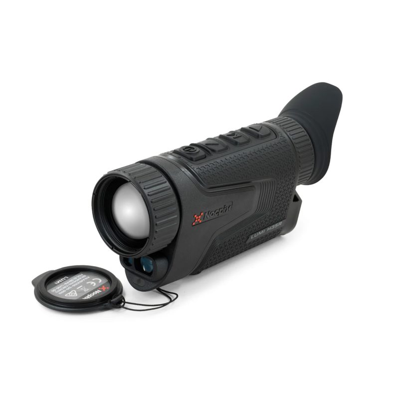 NOCPIX Quest H35R thermal binoculars with laser rangefinder, matte black finish, shown in an outdoor setting.