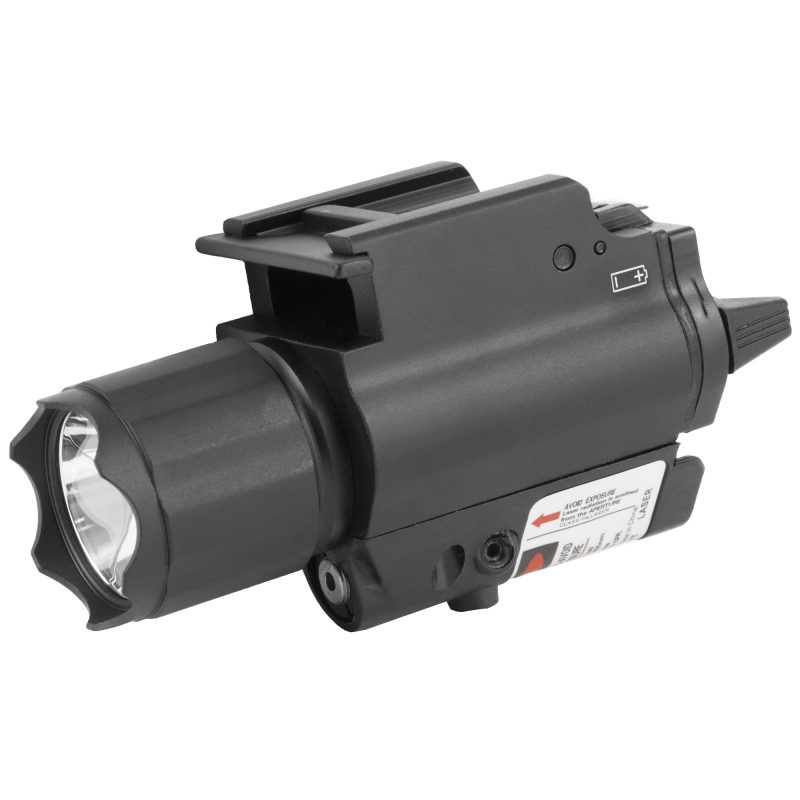 NcSTAR 200 Lumen CREE LED flashlight with an integrated red laser, mounted on a quick-release rail, shown against a dark background.