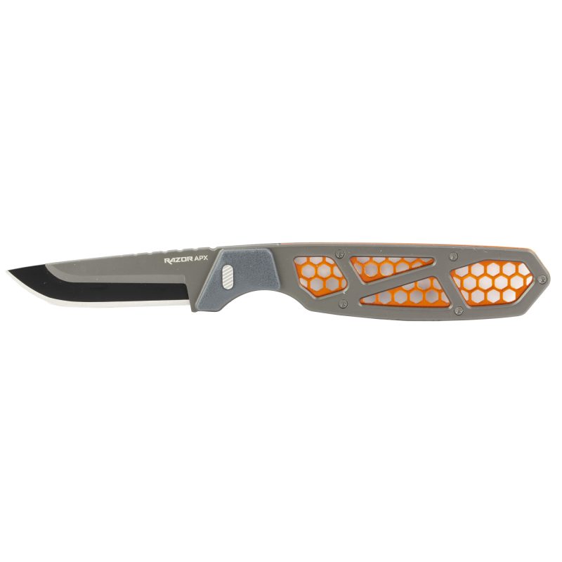 Outdoor Edge Razor APX fixed blade knife with bright orange handle, 2.5-inch blade, and included sheath, shown with extra blades.