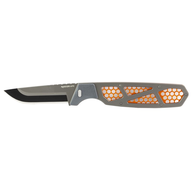 Outdoor Edge Razor APX multi-blade knife with orange handle and sheath, showing various interchangeable blades including a saw, drop point, caping, and gutting blade.