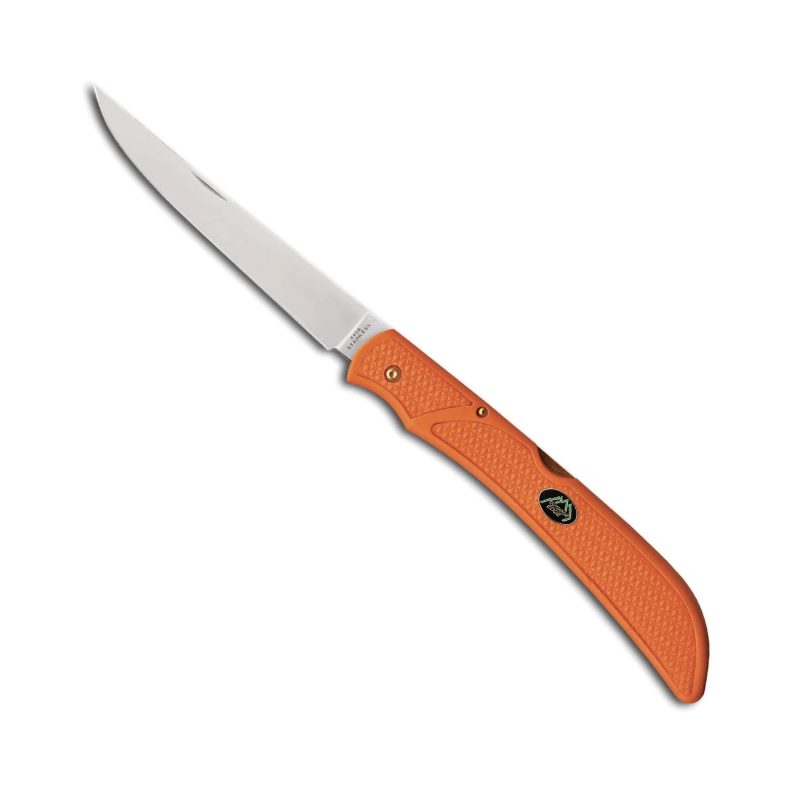 Outdoor Edge Field-Bone Orange Folding Filet knife with a silver blade and bright orange Zytel handle, partially folded, against a rustic background.