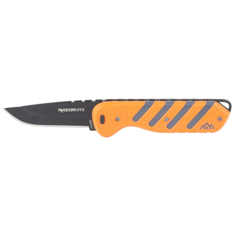 Outdoor Edge Razor HTX knife with orange and gray rubberized handle, showing a 3-inch drop point blade, with additional blades and sheath.