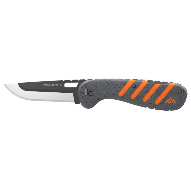 Outdoor Edge Razor HTX folding knife with orange and gray handle, showing multiple interchangeable blades including drop point, caping, gutting, and saw blades.