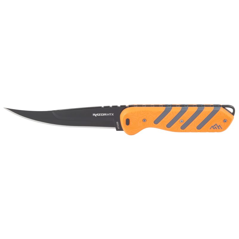 Outdoor Edge Razor HTX fixed blade knife with orange and gray rubberized handle, showing interchangeable drop point, gutting, and saw blades, with a black sheath.