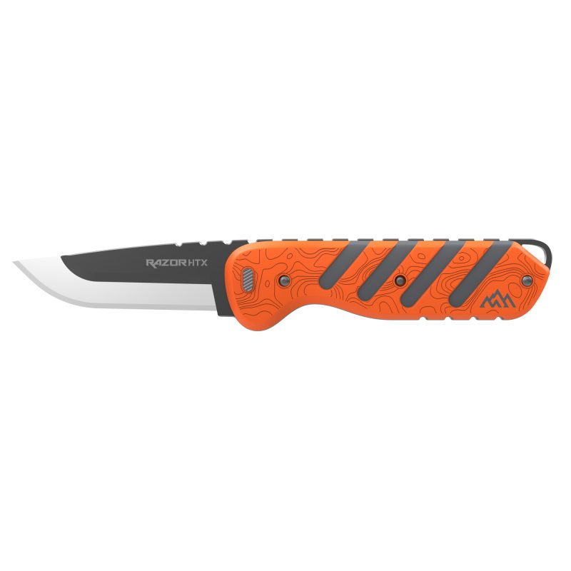 Outdoor Edge Razor HTX 3.5 inch folding knife with orange and gray rubberized aluminum handle, showing multiple replaceable blades.