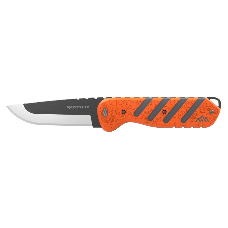 Outdoor Edge Razor HTX 5 inch folding knife with orange and gray rubberized aluminum handle, showing multiple interchangeable blades.