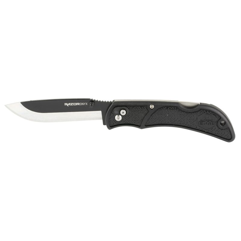 Outdoor Edge Razor Onyx folding knife with a 3.5-inch black blade and black Grivory handle, shown open on a rugged surface.