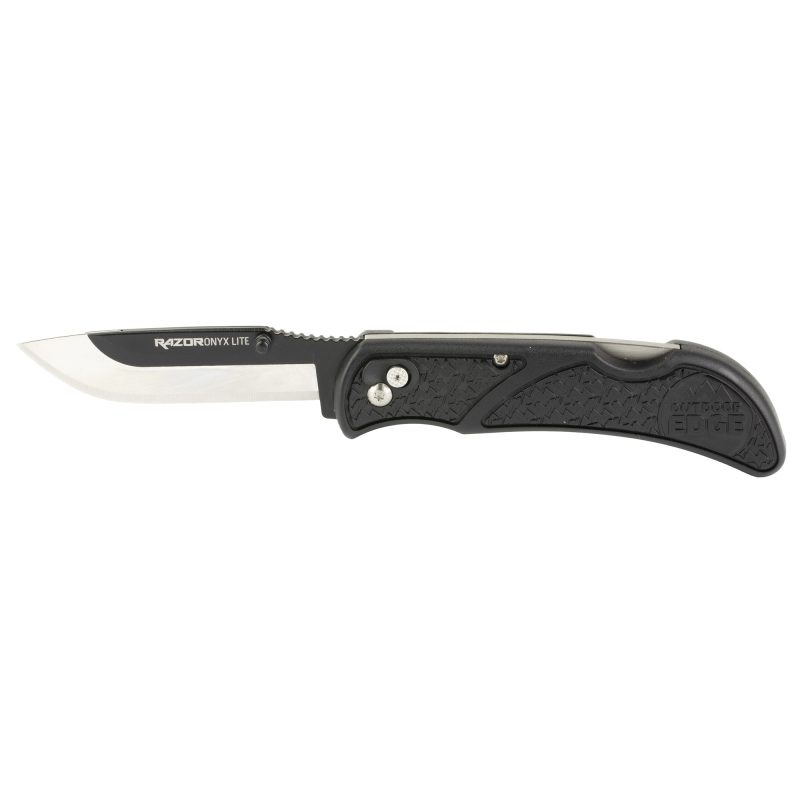 Outdoor Edge Razor Onyx folding knife with a black handle and a 3-inch replaceable drop point blade, shown partially open.