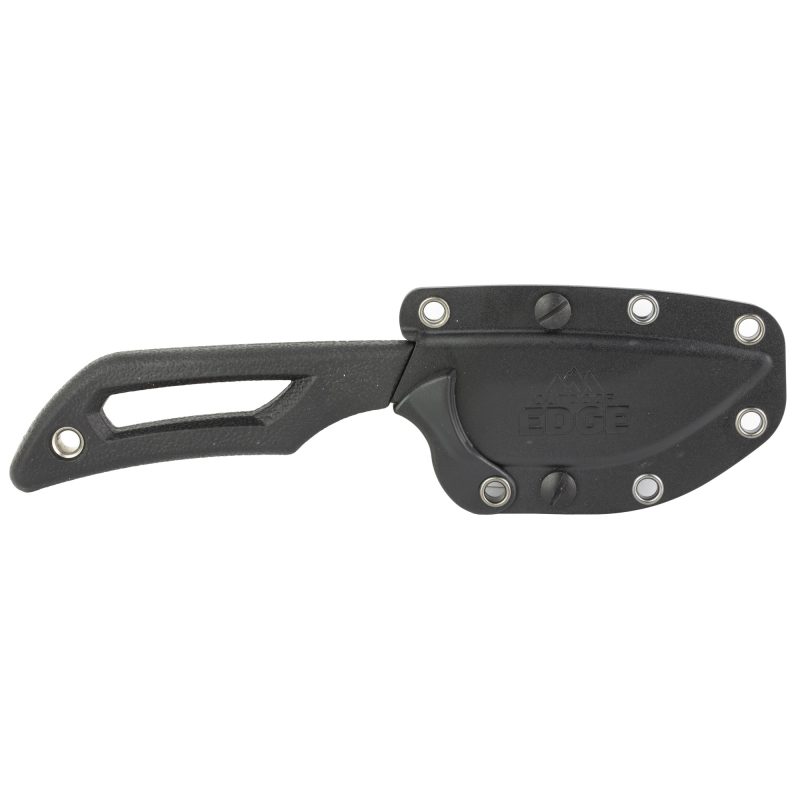 Outdoor Edge Pivot fixed blade knife with a 2.5-inch stonewashed drop-point blade and black handle, shown with its rotating black polymer sheath.
