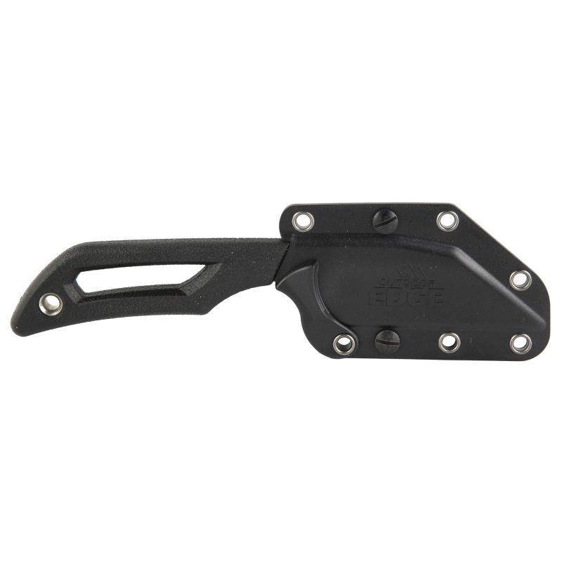 Outdoor Edge Pivot Wharncliffe fixed blade knife with a black stonewashed blade and black handle, shown with its rotating sheath.