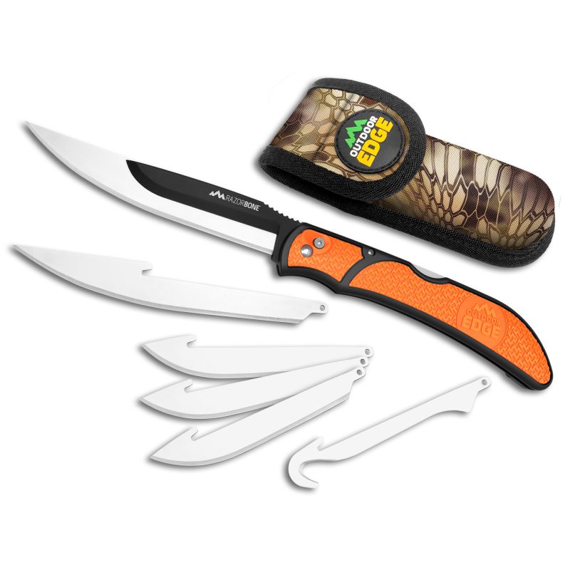 Outdoor Edge Razor-Bone 6 Blade Set with orange handle, showing the folding knife and multiple interchangeable boning, drop-point, and gutting blades.