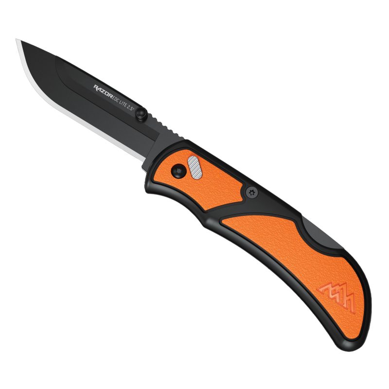 Orange handled Outdoor Edge Razor-EDC Lite folding knife with a 2.5-inch black oxide drop point blade, shown open on a rustic wooden surface.