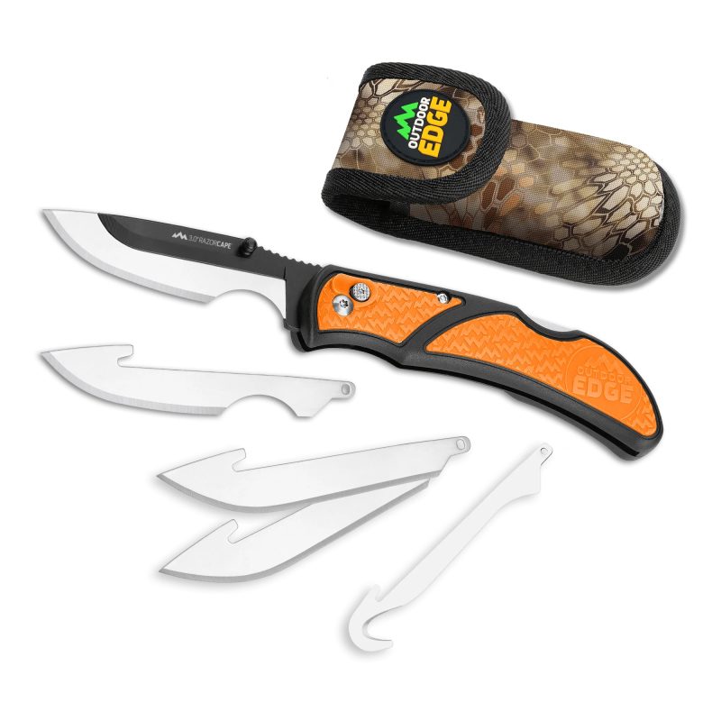 Outdoor Edge Razor-Cape folding knife with orange handle, showing interchangeable caping, drop point, and gutting blades, with a black oxide finish.