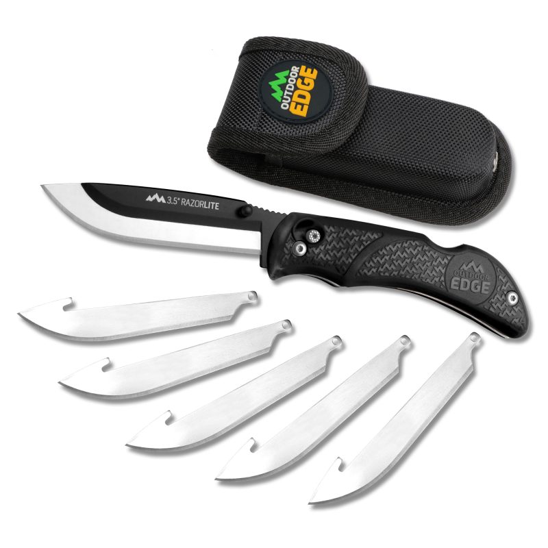 Outdoor Edge Razor Lite folding knife with black handle, 3.5-inch plain edge blade, displayed with six replacement drop-point blades and a nylon sheath.