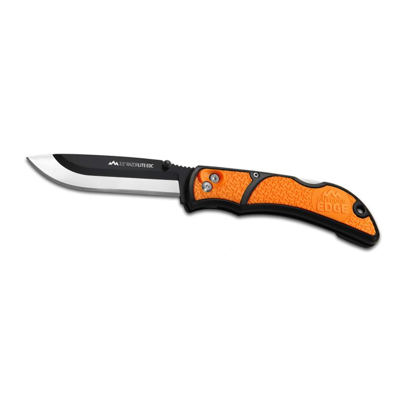 Orange and black Outdoor Edge Razor-EDC Lite folding knife with a 3.5-inch drop point blade, shown with extra replacement blades.