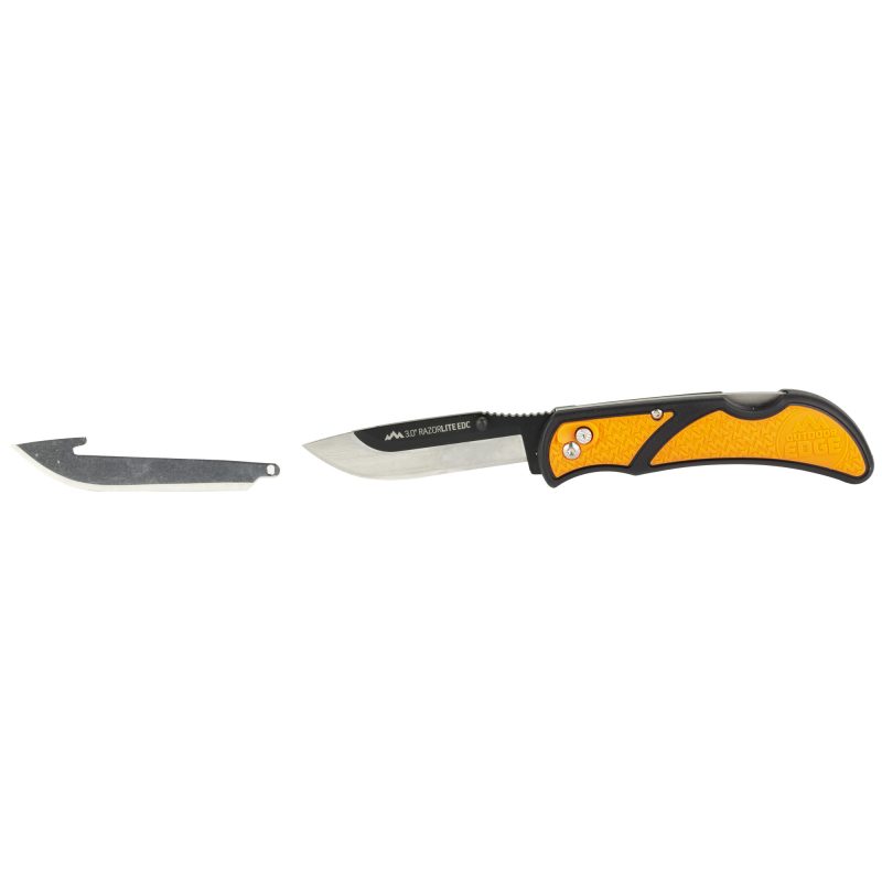 Outdoor Edge Razor EDC Lite folding knife with orange and black handle, showing a 3-inch plain edge blade, with four replacement blades.