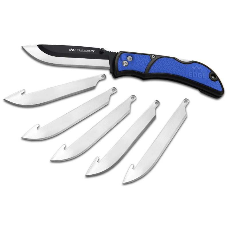 Outdoor Edge Razor EDC Lite folding knife with a blue and black handle, showing the 3.5-inch plain edge blade extended, with six replacement blades visible.