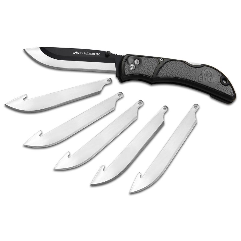 Outdoor Edge Razor-EDC Lite folding knife with a gray and black handle, showing the 3.5-inch plain edge blade, with six replacement blades.