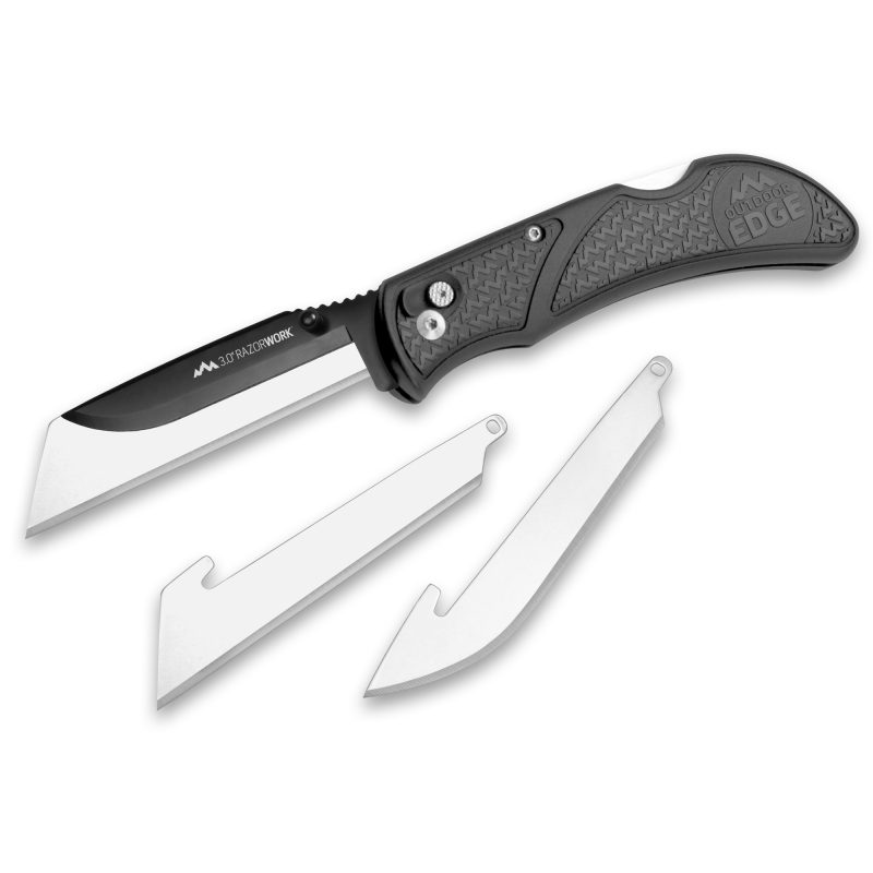 Outdoor Edge Razor-Work folding knife with gray handle and black oxide finish, shown with interchangeable utility and drop point blades.