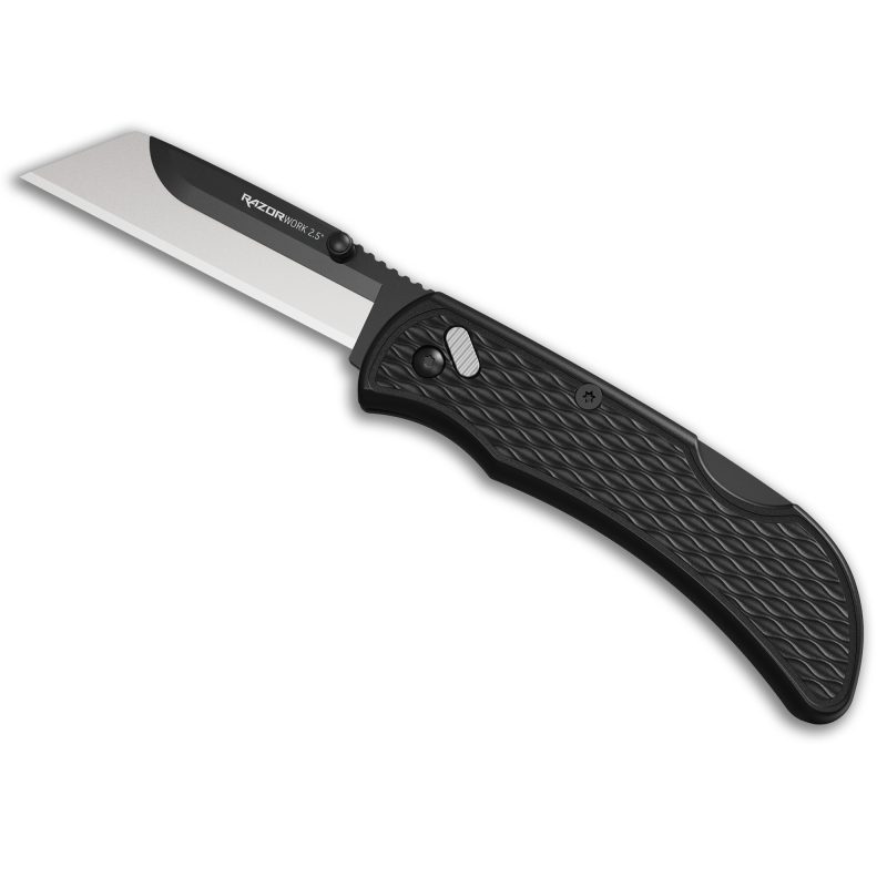 Outdoor Edge Razor-Work folding knife with a black handle and a 2.5-inch plain edge blade, shown with two extra utility blades.
