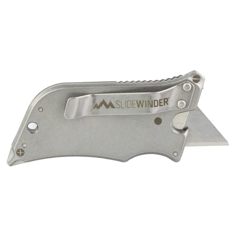 Outdoor Edge Slidewinder Black folding utility knife and multitool with a black handle, silver blade, and integrated screwdrivers, shown closed.