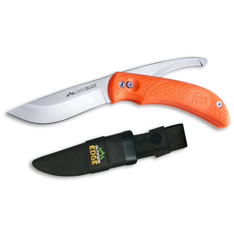 Outdoor Edge SwingBlaze dual-blade knife with an orange handle and black nylon sheath, shown in both skinning and gutting blade positions.