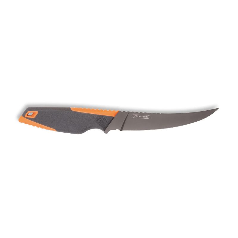 Outdoor Edge Vantex 5.0 inch boning knife with a gray titanium-coated blade and a gray and orange handle, shown with its protective sheath.