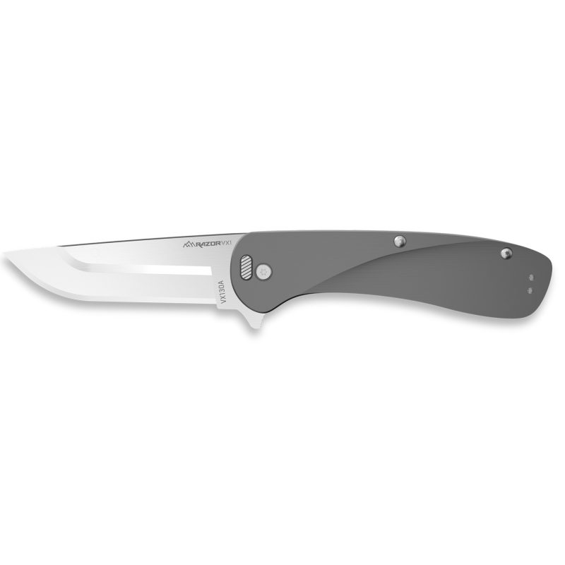 Outdoor Edge Razor VX1 folding knife with gray aluminum scales and a 3-inch plain edge blade, shown open on a rustic background.