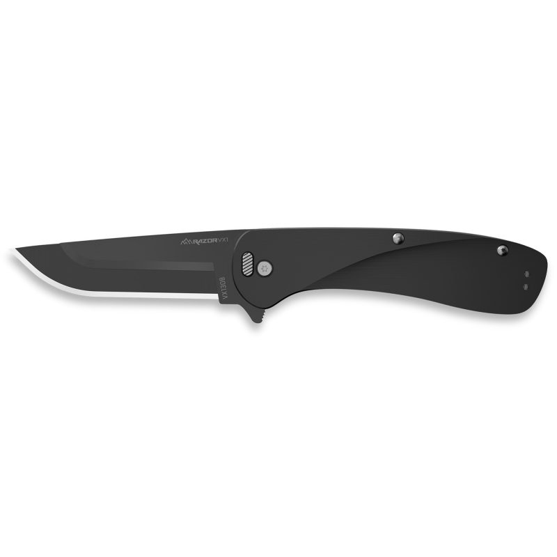 Outdoor Edge Razor VX1 folding knife with a black anodized aluminum handle and a 3-inch plain edge stainless steel blade, shown partially open on a rugged surface.