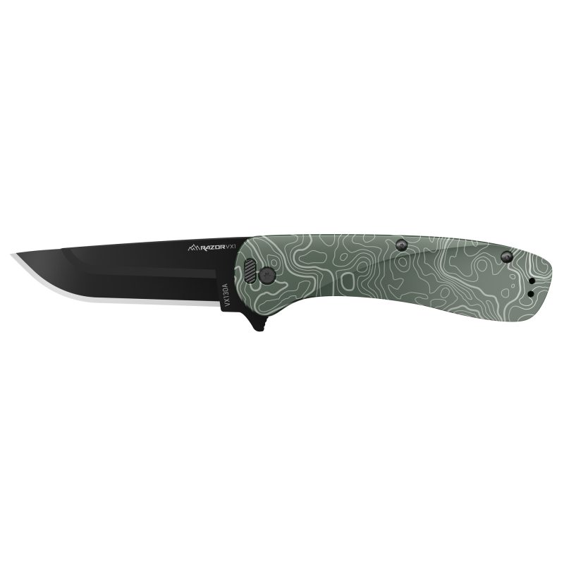 Outdoor Edge Razor VX1 folding knife with a green anodized aluminum handle, plain edge blade, and a deep carry pocket clip.
