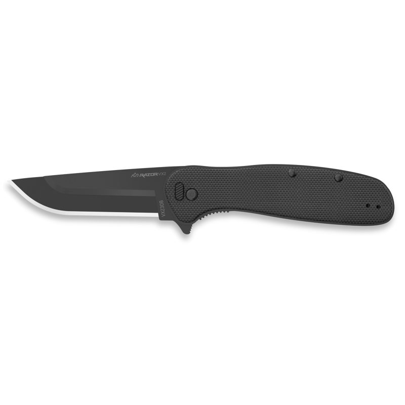 Outdoor Edge Razor VX2 folding knife with black G10 scales, black oxide finish blade, and reversible deep-carry clip, shown open on a rustic surface.