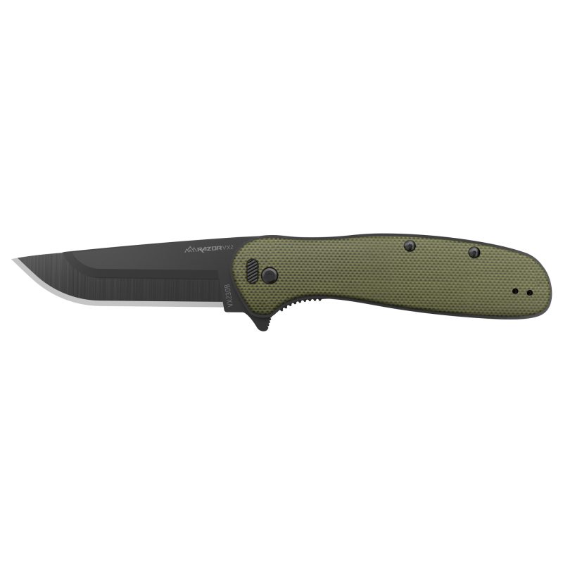 Outdoor Edge Razor VX2 folding knife with a green G10 handle, partially open, showing the replaceable blade system.